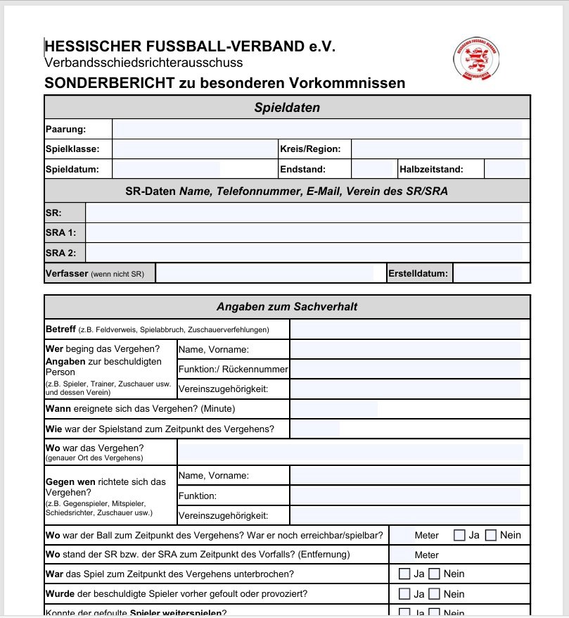 Sonderbericht u.a. bei einem Feldverweis